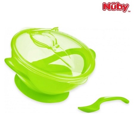 Børnetallerken med låg Nuby Suction Bowl with spoon grøn