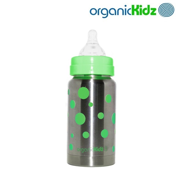Termoflaske og rustfri sutteflaske OrganicKidz Green Dots