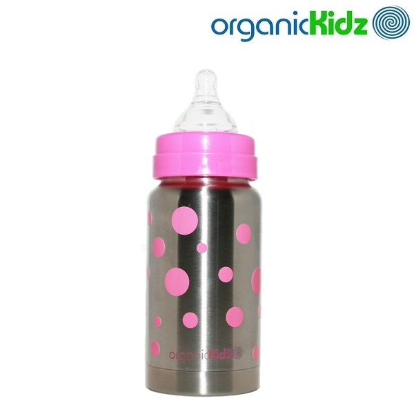 Termoflaske og rustfri sutteflaske OrganicKidz Pink Dots