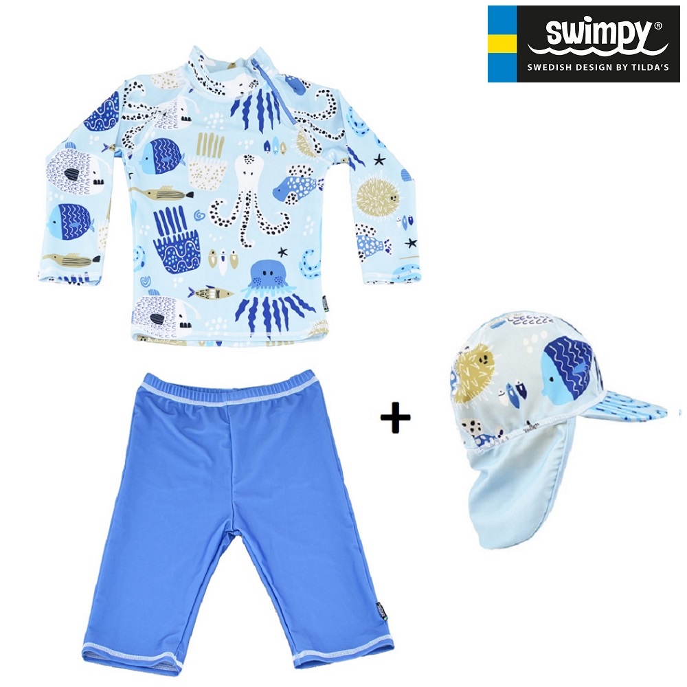 UV-sæt med UV-trøje, UV-short og UV-hat til børn Swimpy Octopus